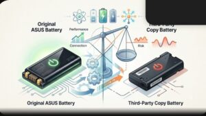 Современная иллюстрация аккумуляторов для ноутбука Asus для статьи о выборе оригинала или копии