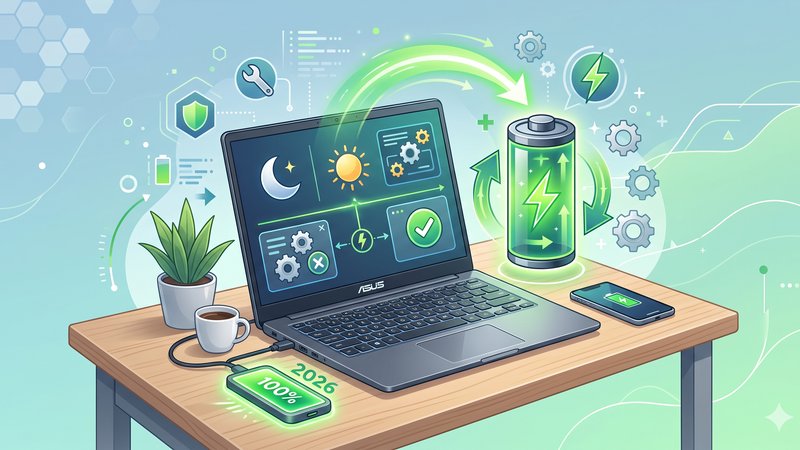 Современная иллюстрация аккумулятора ноутбука Asus для статьи о способах продления срока службы батареи